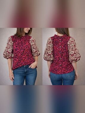 THML Embroidered Sleeve Leopard Print Blouse | Size S | Boho Chic Top